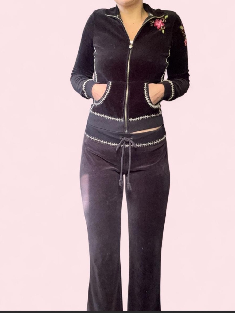 TWISTED HEART Black Velour Drawstring Track Pants with Pink Floral Accent - Picture 2 of 8